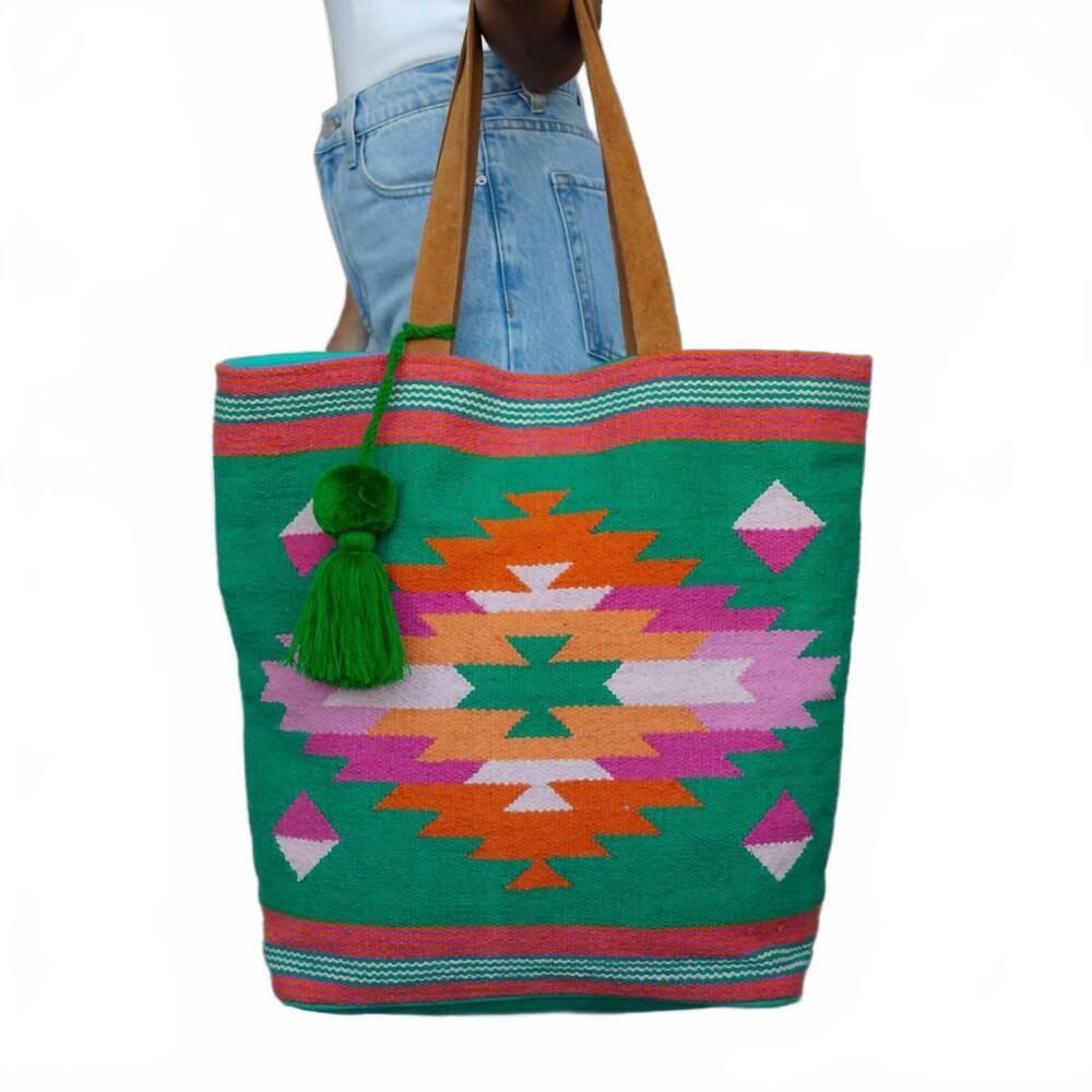 NEW PANACHE APPAREL women's boho pom tassel tote bag in green, pink & orange